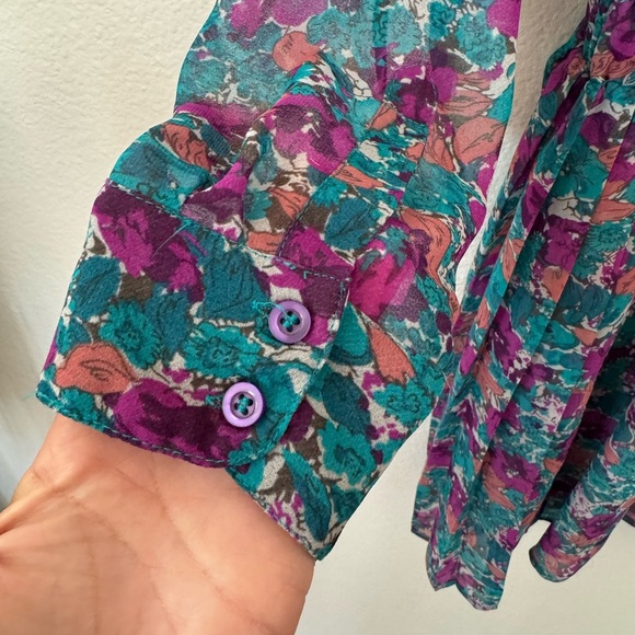 EUC BCBG Floral Dress Purple Green Pink Button down front Mini Size S Small - Picture 8 of 12